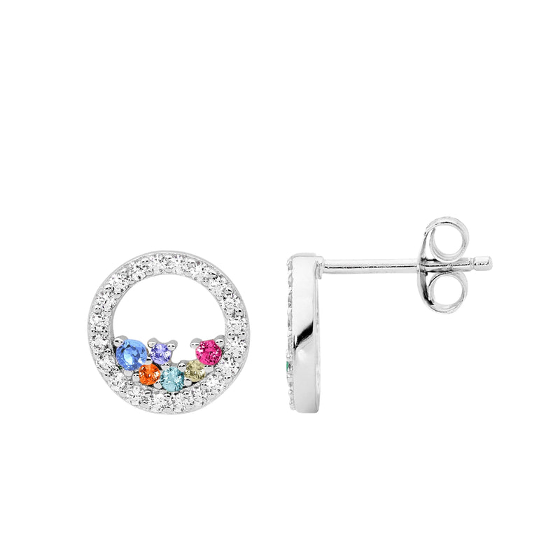 Ellani Sterling Silver Open Circle Stud Earrings w Scattered Multi Coloured CZ E575M