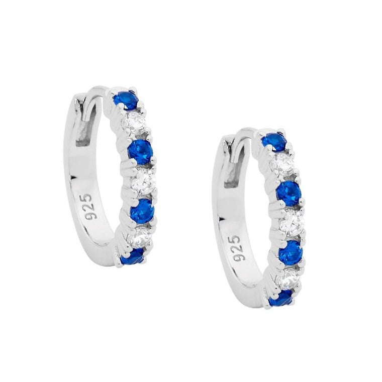 Ellani Sterling Silver Hoop Earrings With White & Blue CZ E533DB