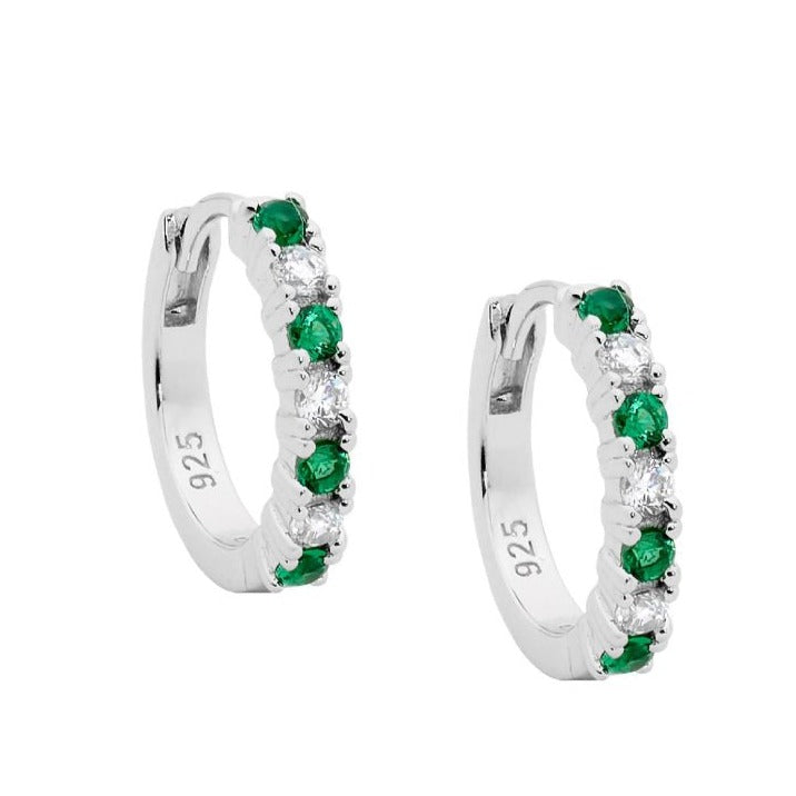 Ellani Sterling Silver Hoop Earrings With White & Green CZ E533GN