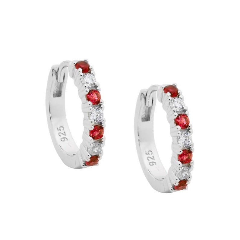 Ellani Sterling Silver Hoop Earrings With White & Red CZ E533RD