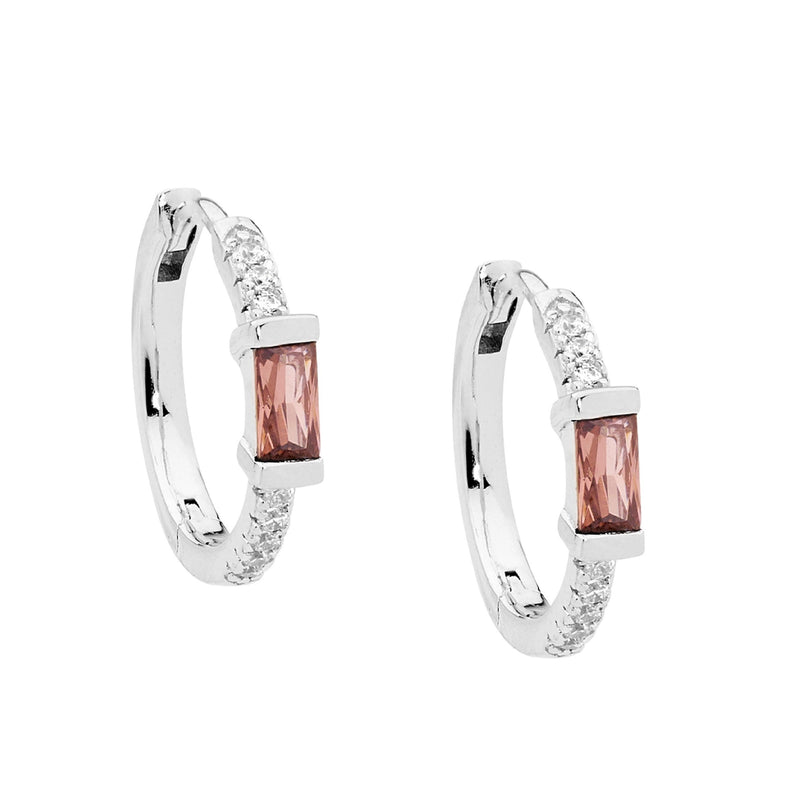 Ellani Sterling Silver 16mm Hoop Earrings w Rhodolite Baguette CZ E572RH