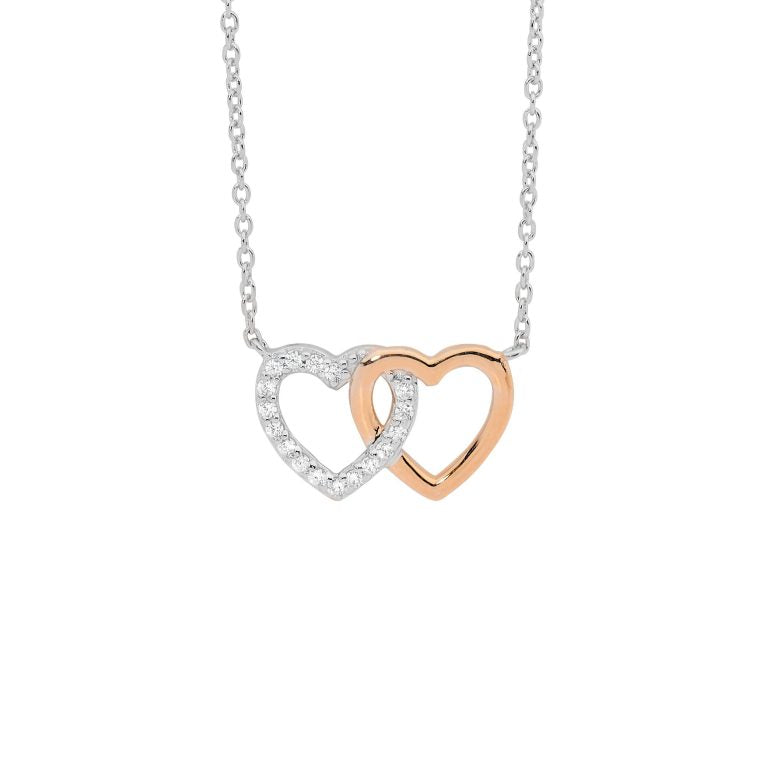 Ellani Sterling Silver CZ Double Heart Pendant with Rose Gold Plating P826R