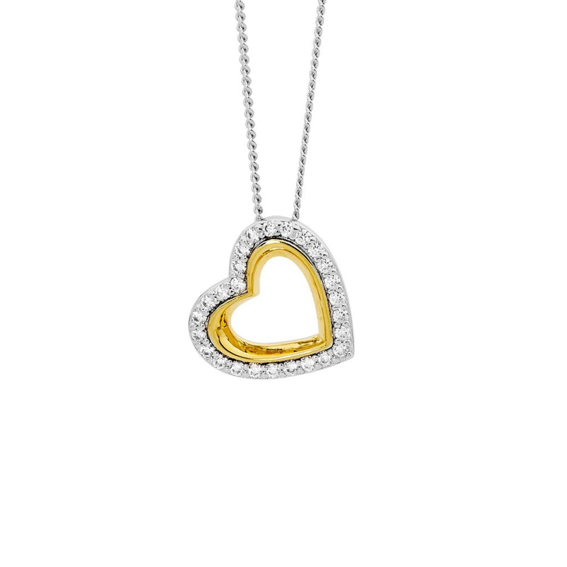 Ellani Sterling Silver CZ Open Heart Pendant w Gold Plating P855G