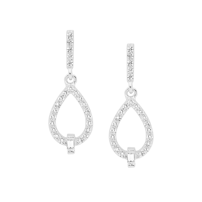 Ellani Sterling Silver CZ Open Tear Drop Earrings w Baguette E584S