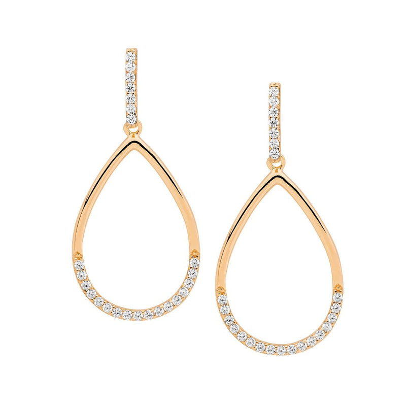 Ellani Sterling Silver CZ Open Tear Drop Earrings w Rose Gold Plating E551R