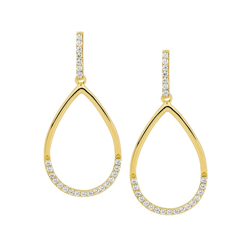 Ellani Sterling Silver CZ Open Tear Drop Earrings w Yellow Gold Plating E551G