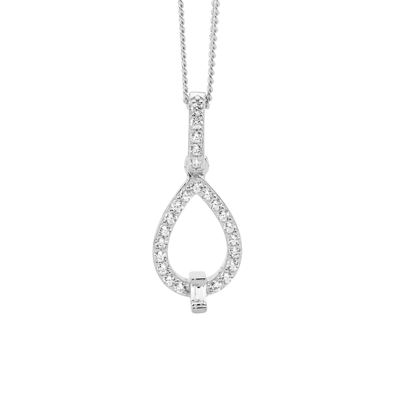 Ellani Sterling Silver CZ Open Tear Drop Pendant w Baguette P872S