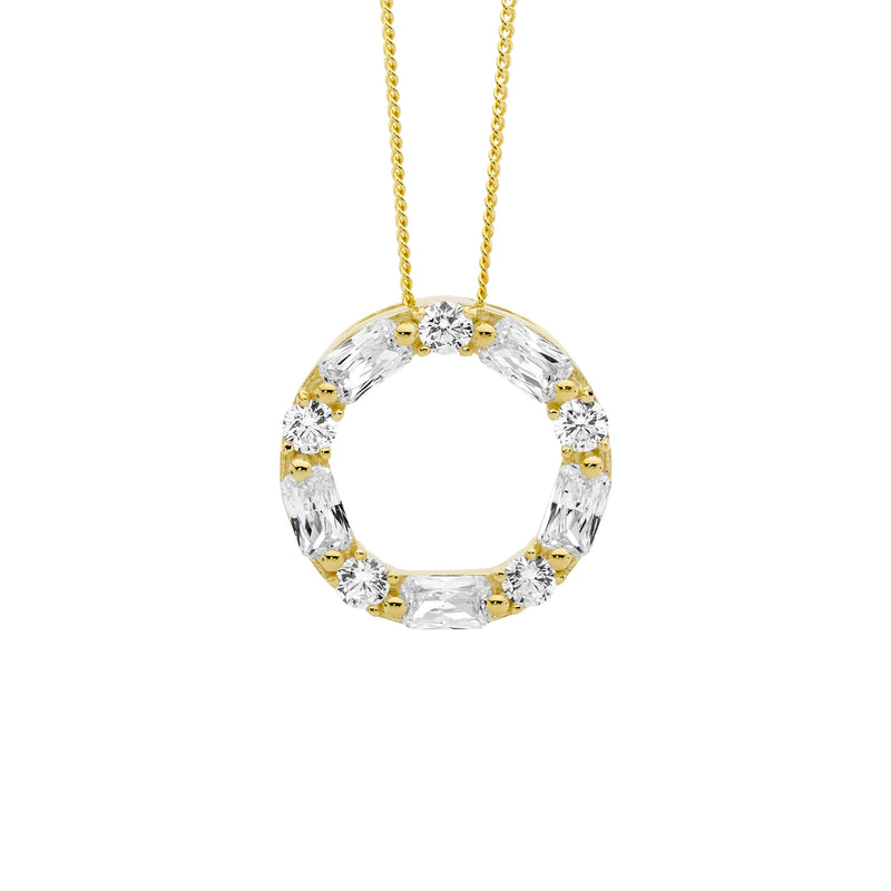 Ellani Sterling Silver CZ Round & Baguette Circle Pendant w Gold Plating P873G