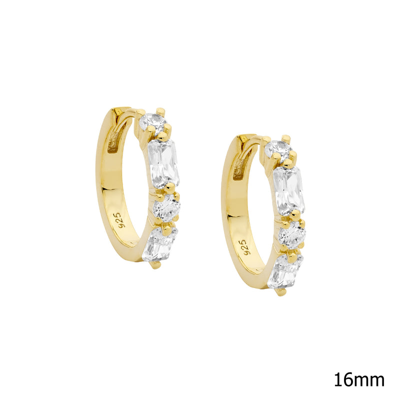 Ellani Sterling Silver CZ Round & Baguette Hoop Earrings w Gold Plating E585G