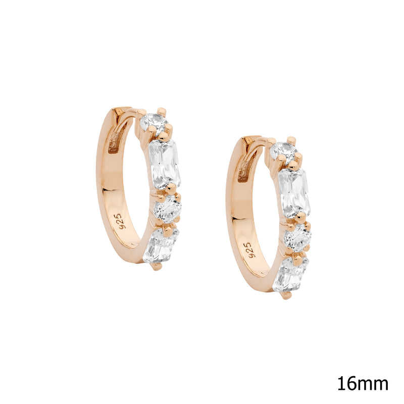 Ellani Sterling Silver CZ Round & Baguette Hoop Earrings w Rose Gold Plating E585R