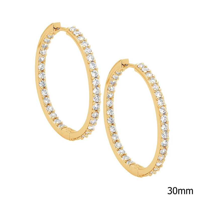 Ellani Sterling Silver CZ Set 30mm Gold PlateHoop Earrings E183G