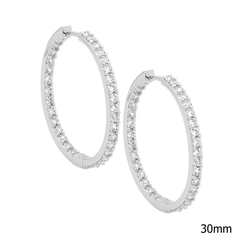 Ellani Sterling Silver CZ Set 30mm Hoop Earrings E183S