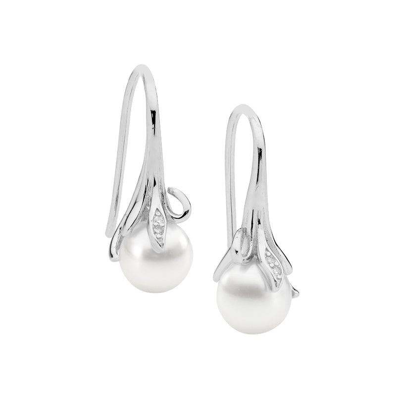 Ellani Sterling Silver CZ Set Freshwater Pearl Earrings on Shepherds Hook E589