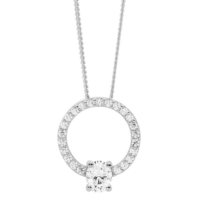 Ellani Sterling Silver CZ Set Open Circle Pendant w Oval CZ P860S