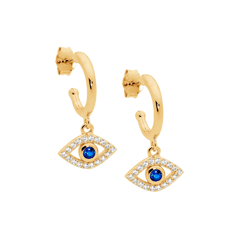 Ellani Sterling Silver Evil Eye CZ Drop Earrings w Gold Plating E571G