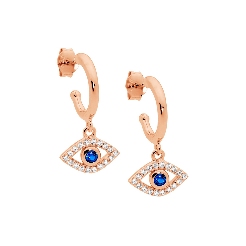 Ellani Sterling Silver Evil Eye CZ Drop Earrings w Rose Gold Plating E571R
