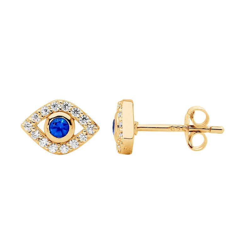 Ellani Sterling Silver Evil Eye CZ Stud Earrings w Gold Plating E559G