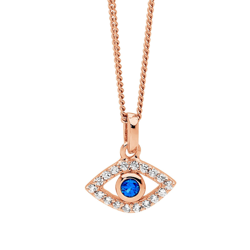 Ellani Sterling Silver Evil Eye White and Blue CZ Pendant w Rose Gold Plating P853R