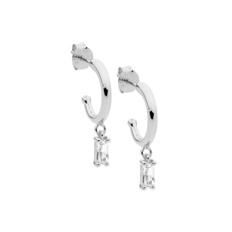 Ellani Sterling Silver Hoop Earrings With Baguette CZ Drop E544S