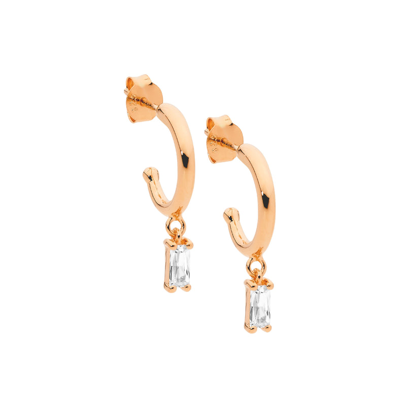 Ellani Sterling Silver Hoop Earrings With Baguette CZ Drop Rose Gold Plating E544R