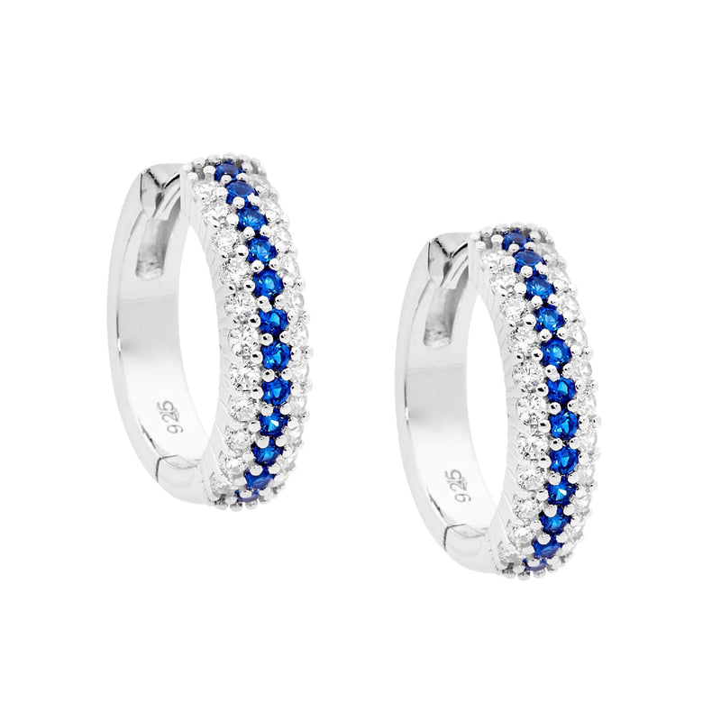 Ellani Sterling Silver Hoop Earrings with Blue & White CZ E568