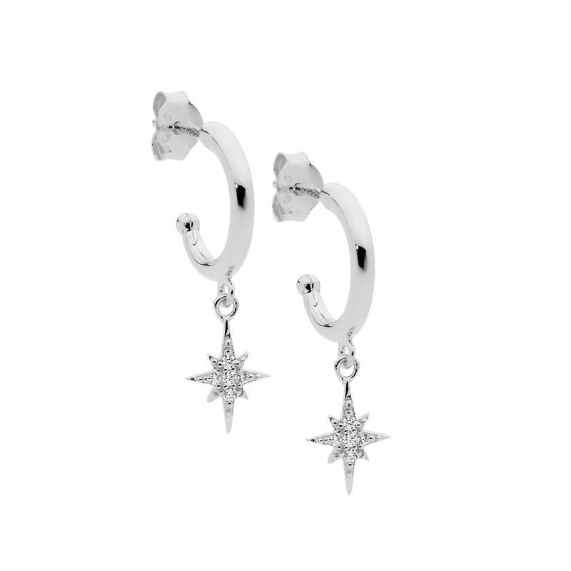Ellani Sterling Silver Hoop Earrings w CZ Star Drop E545S