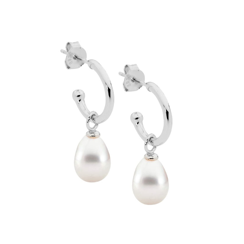 Ellani Sterling Silver Hoop Earrings With Freshwater Pearl E558S