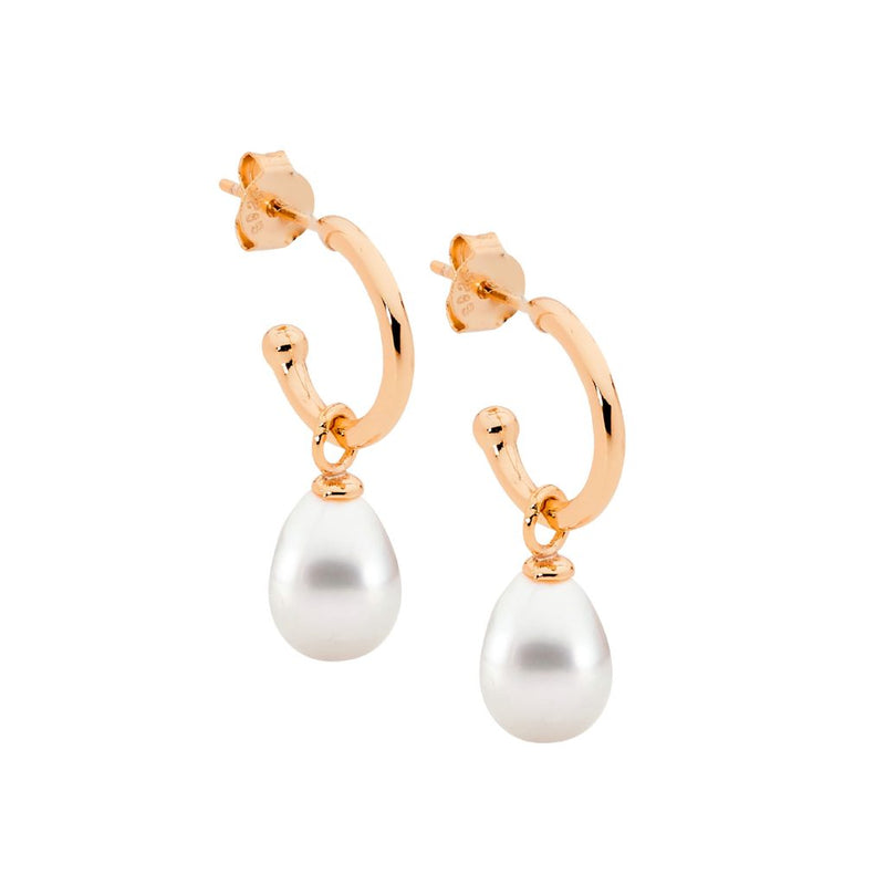 Ellani Sterling Silver Hoop Earrings With Freshwater Pearl Rose Gold Plating E558R