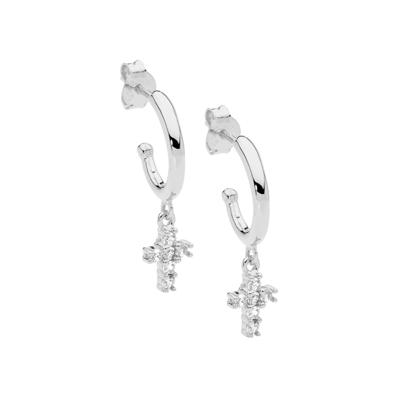 Ellani Sterling Silver Hoop Stud Earrings w CZ Set Hanging Cross E538S