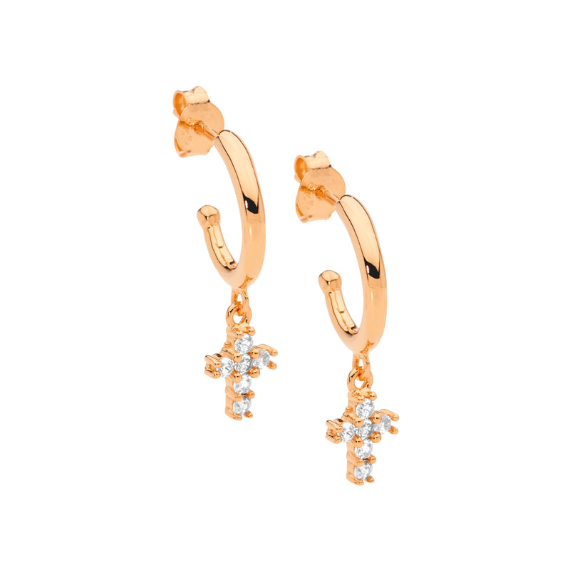 Ellani Sterling Silver Hoop Stud Earrings w CZ Set Hanging Cross & Rose Gold Plating E538R