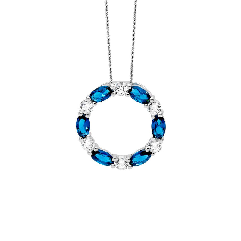 Ellani Sterling Silver London Blue Oval and White CZ Open Circle Pendant P852LB