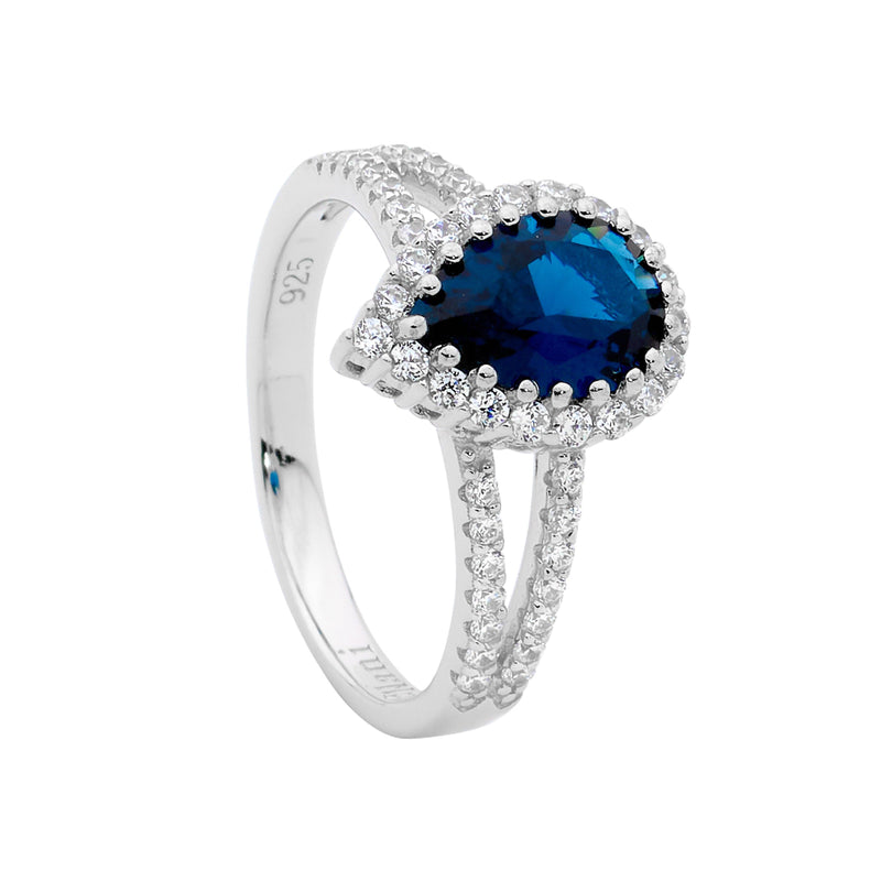 Ellani Sterling Silver London Blue Pear Shaped CZ Split Band Ring R498LB