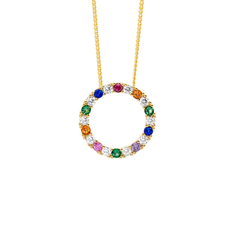 Ellani Sterling Silver Multi Colour CZ Open Circle Pendant w Gold Plating P875G