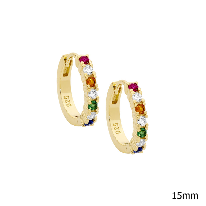 Ellani Sterling Silver Multi Colour CZ Set Hoop Earrings w Gold Plating E590G