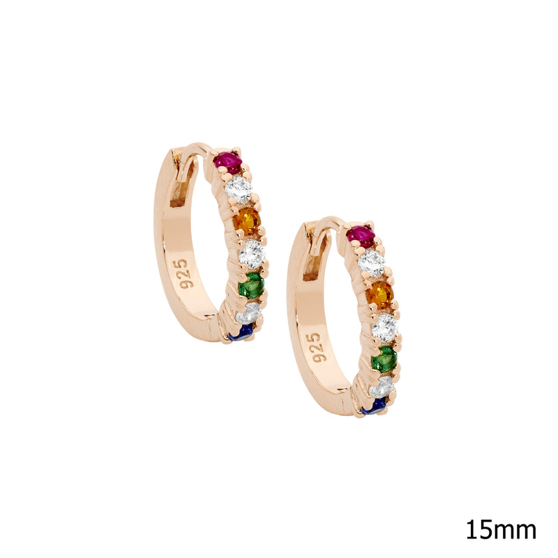 Ellani Sterling Silver Multi Colour CZ Set Hoop Earrings w Rose Gold Plating E590R