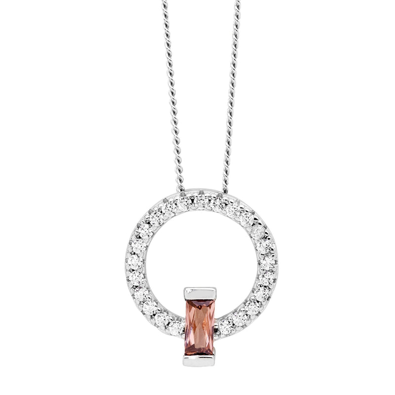 Ellani Sterling Silver Open Circle Pendant w Rhodolite Baguette CZ P866RH