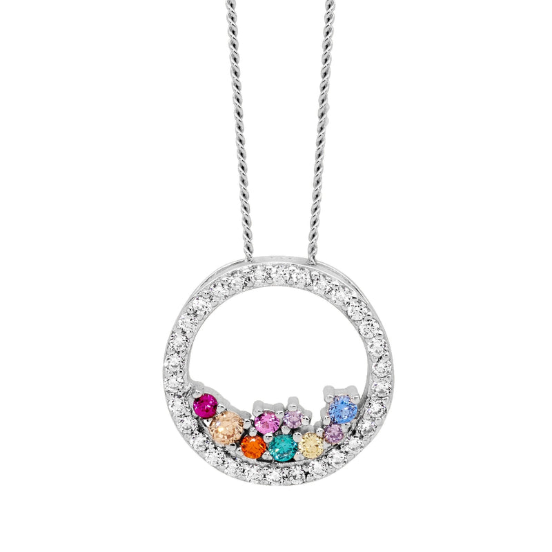 Ellani Sterling Silver Open Circle Pendant w Scattered Multi Coloured CZ P868M