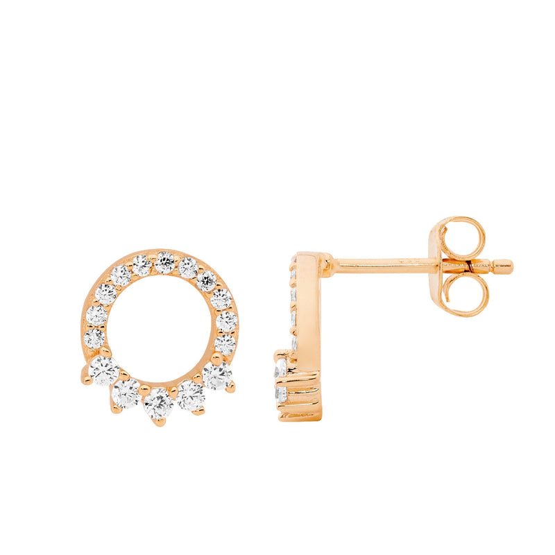 Ellani Sterling Silver Open Circle Stud Earrings w CZ Rose Gold Plating E567R