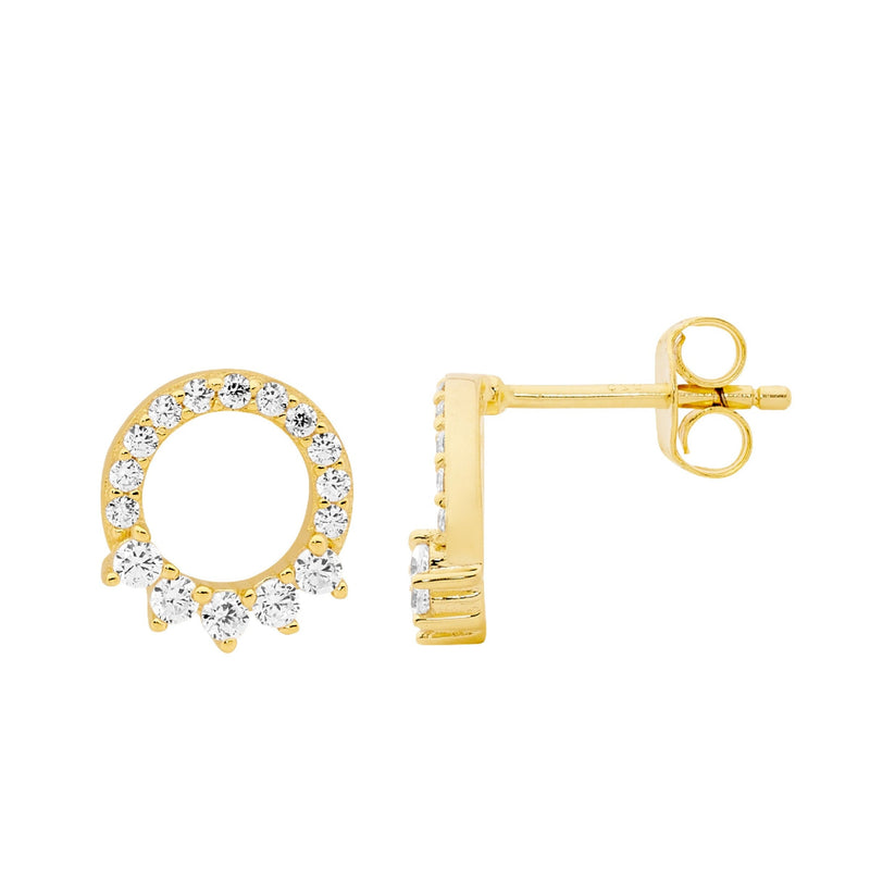 Ellani Sterling Silver Open Circle Stud Earrings w CZ Yellow Gold Plating E567G