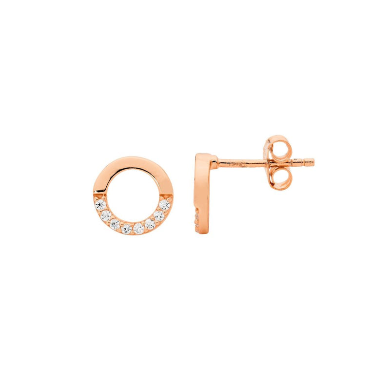 Ellani Sterling Silver Open Circle Stud Earrings with Rose Gold Plate w CZ E515R