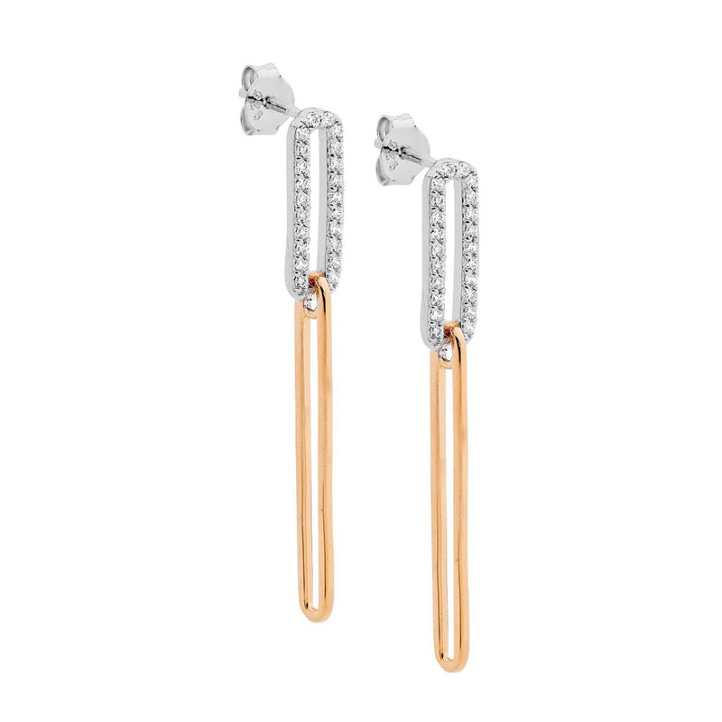 Ellani Sterling Silver Open Oval Drop Stud Earring with Rose Gold Plate and CZ E556R
