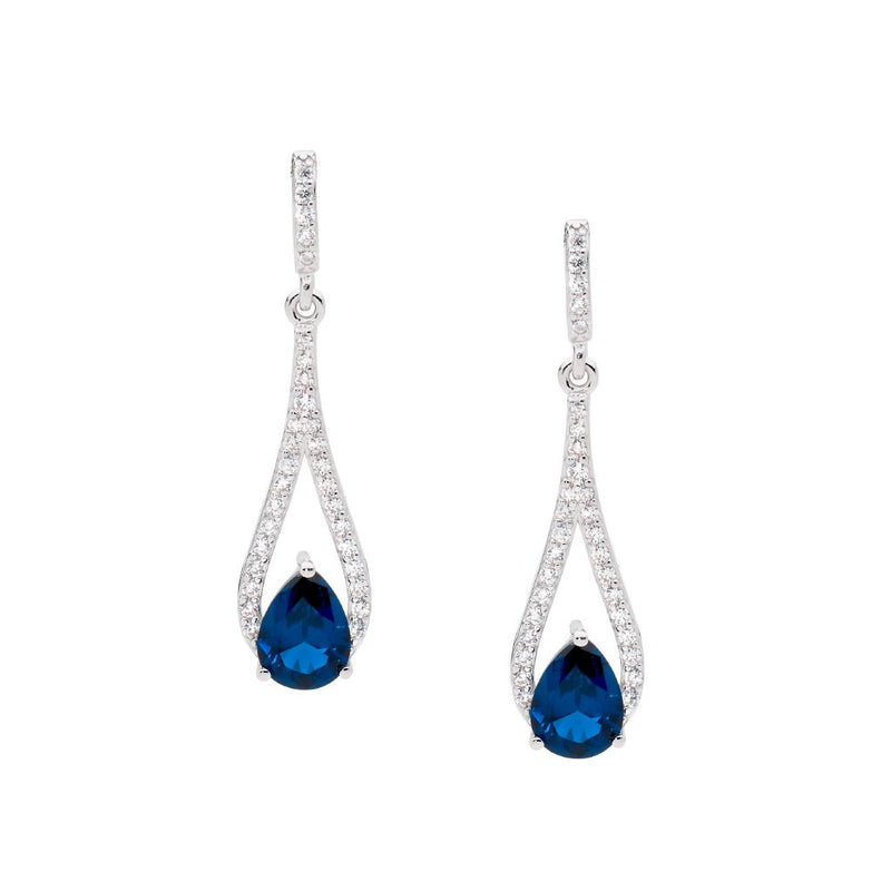 Ellani Sterling Silver Open Tear Drop Earrings with Blue Pear CZ E532LB