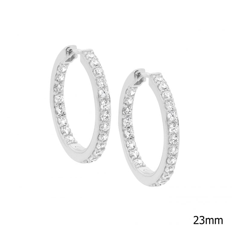 Ellani Sterling Silver Round Hoop Earrings with CZ E263S