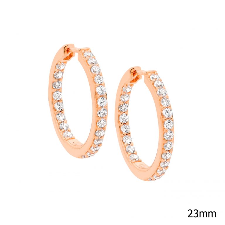 Ellani Sterling Silver Round Hoop Earrings with CZ & Rose Gold Plate E263R
