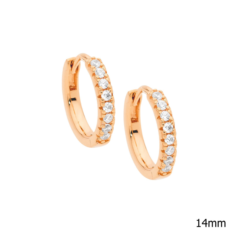 Ellani Sterling Silver Round Hoop Earrings with White CZ Rose Gold Plating E549R