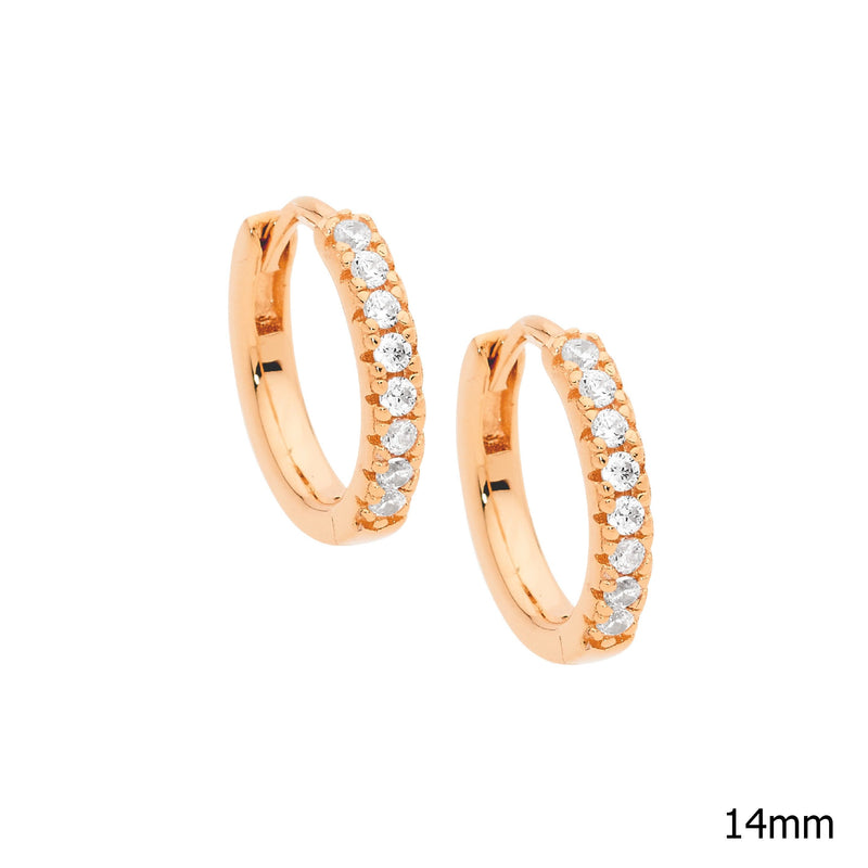 Ellani Sterling Silver Round Hoop Earrings with White CZ Rose Gold Plating E549R