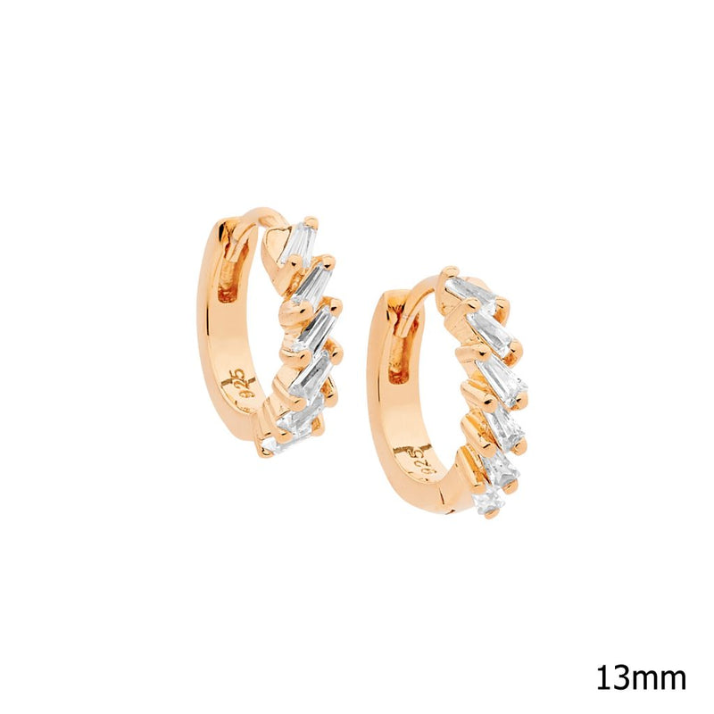 Ellani Sterling Silver Round Hoop Earrings w CZ Tapered Baguette Rose Gold Plating E552R