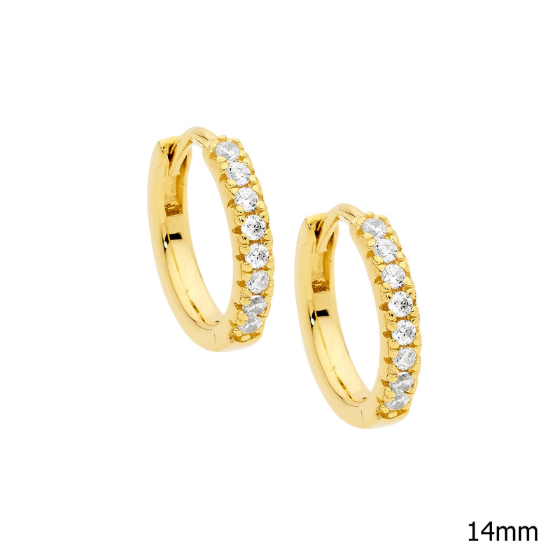 Ellani Sterling Silver Round Hoop Earrings with White CZ Yellow Gold Plating E549G