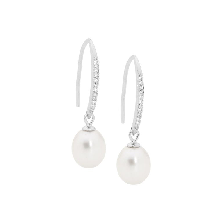Ellani Sterling Silver Shepherd Hook Earrings With Freshwater Pearl E514S