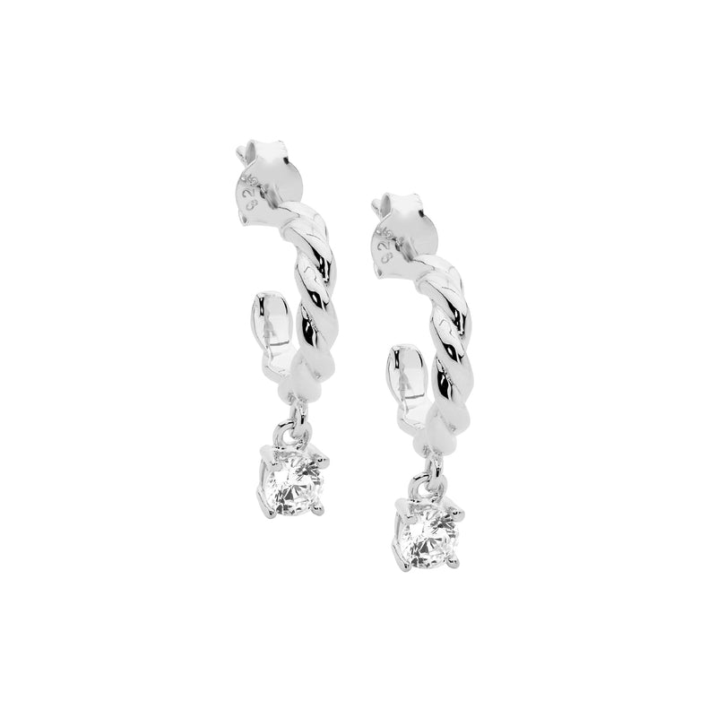 Ellani Sterling Silver Twist Hoop Earrings w CZ Claw Set Drop E587S